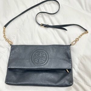 Large Tory Burch Bombe Black Crossbody/ Purse Fold Over Flap